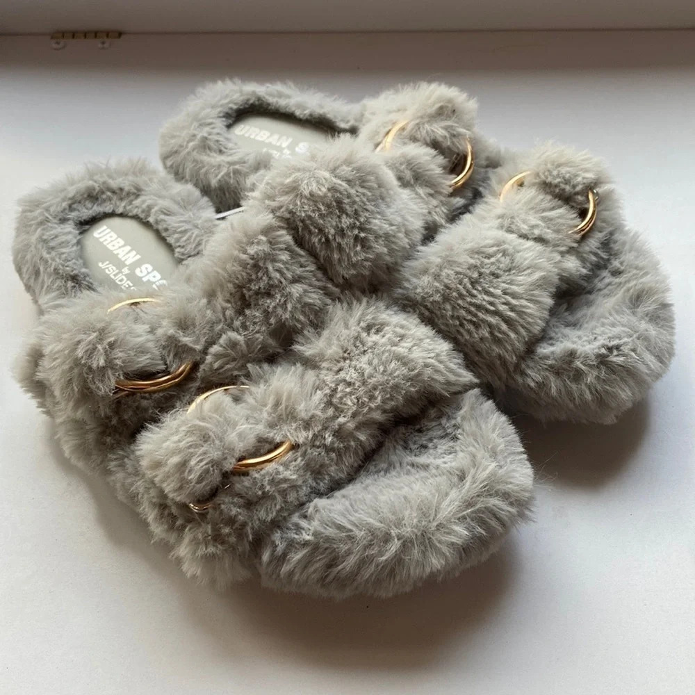 J/Slides BABEE Blue Faux Fur Double Buckle Slippers Slip Ons in Grey Gray Size 6